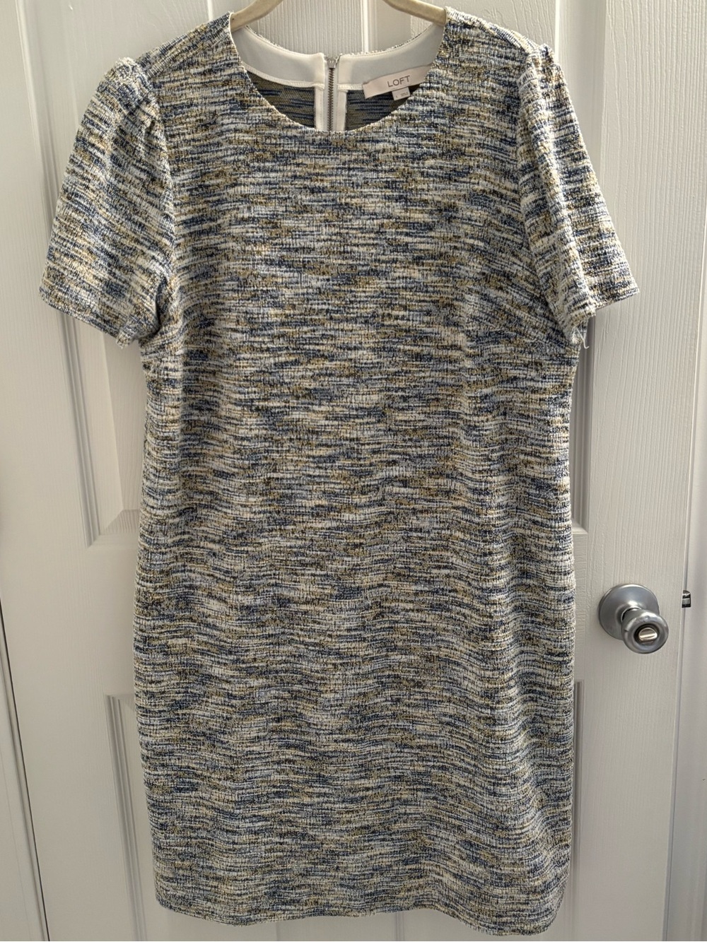 LOFT Blue, Cream and Green Tweed Textured Short-Sleeve Shift Dress Puff Sleeves